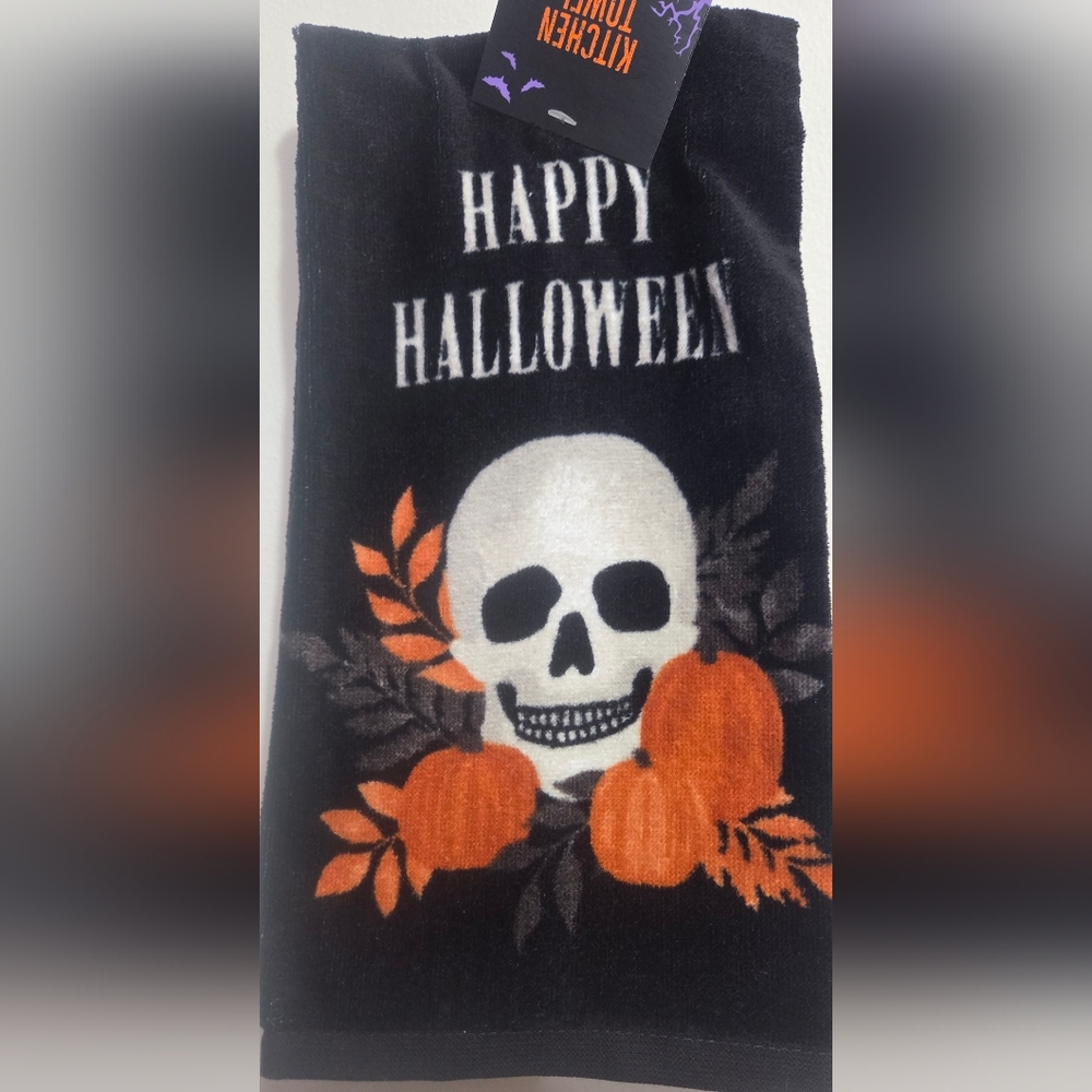 Happy Halloween Skull and Pumpkin Kitchen Towel